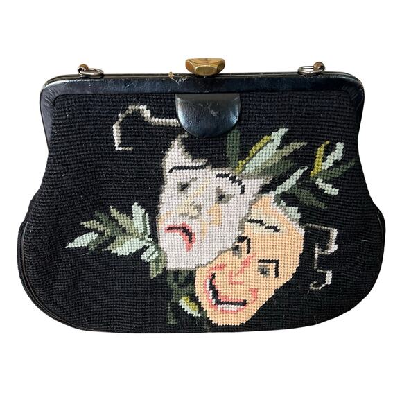 Vintage Needlepoint Thespian Comedy Tragedy Mask Purse Theater Costume Unique - Picture 1 of 11